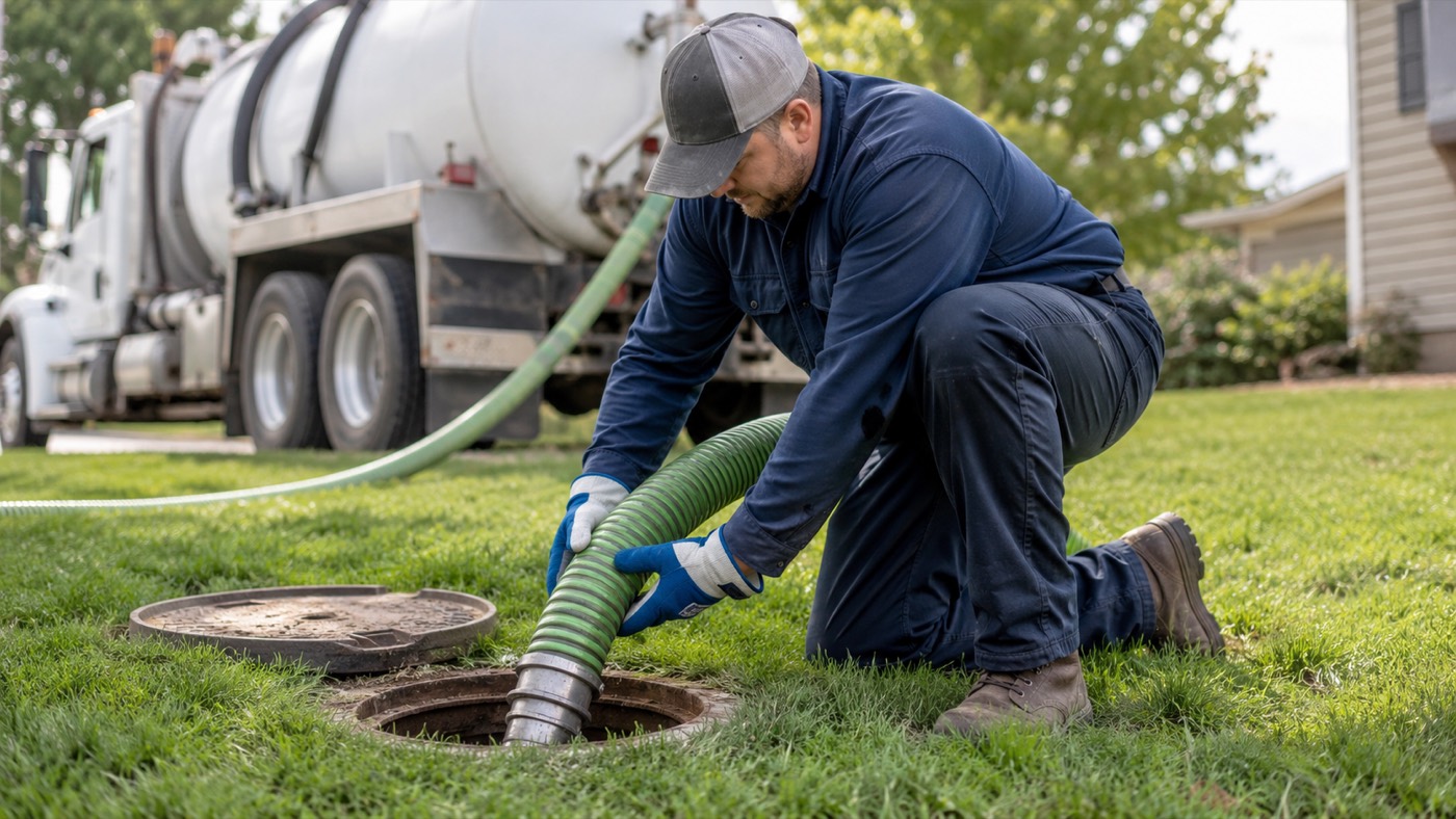 Local Des Moines septic pumping technician connecting a vacuum hose to a residential septic tank riser