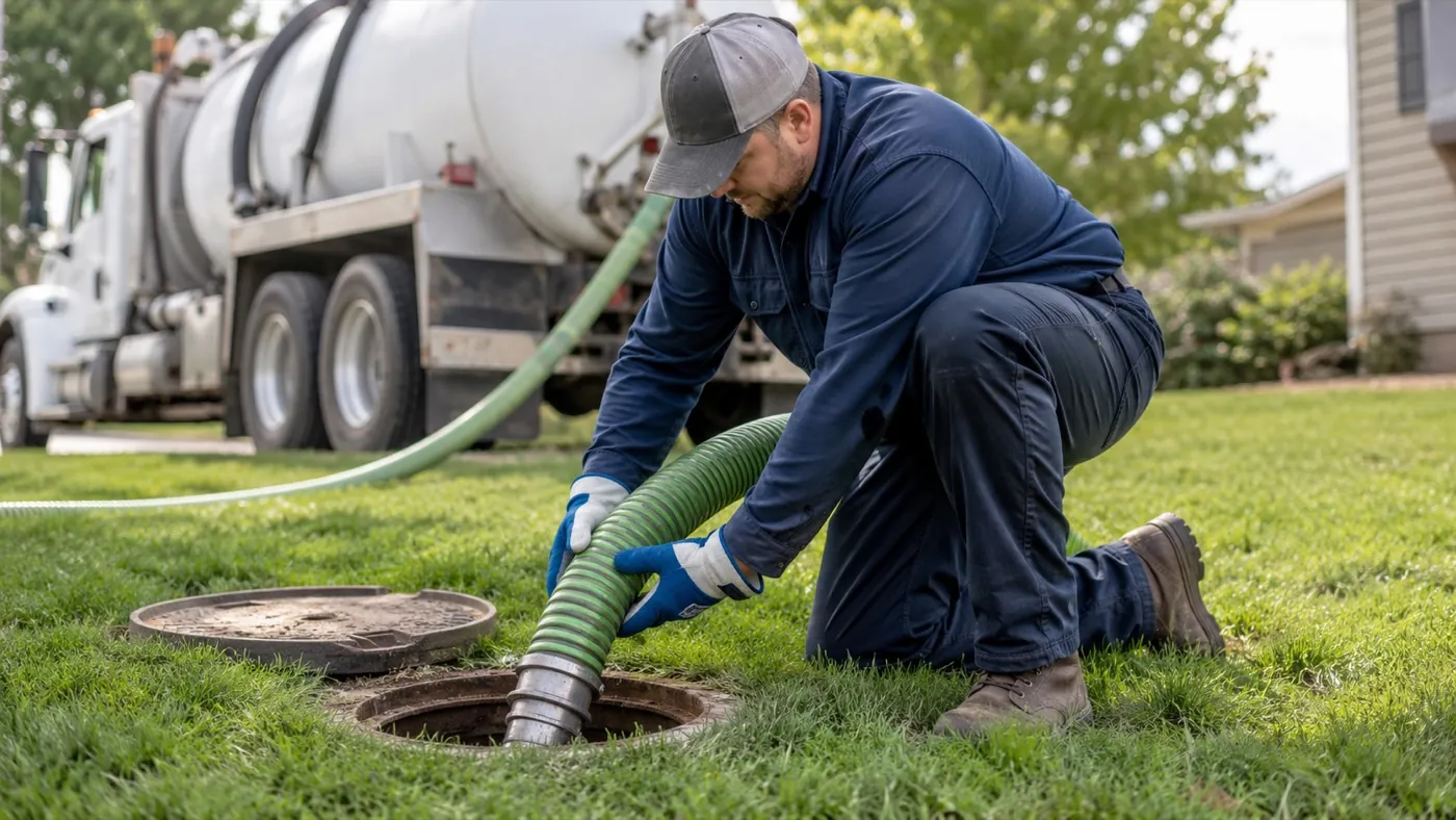 Local septic technician performing a septic tank pumping at a Des Moines, Iowa home