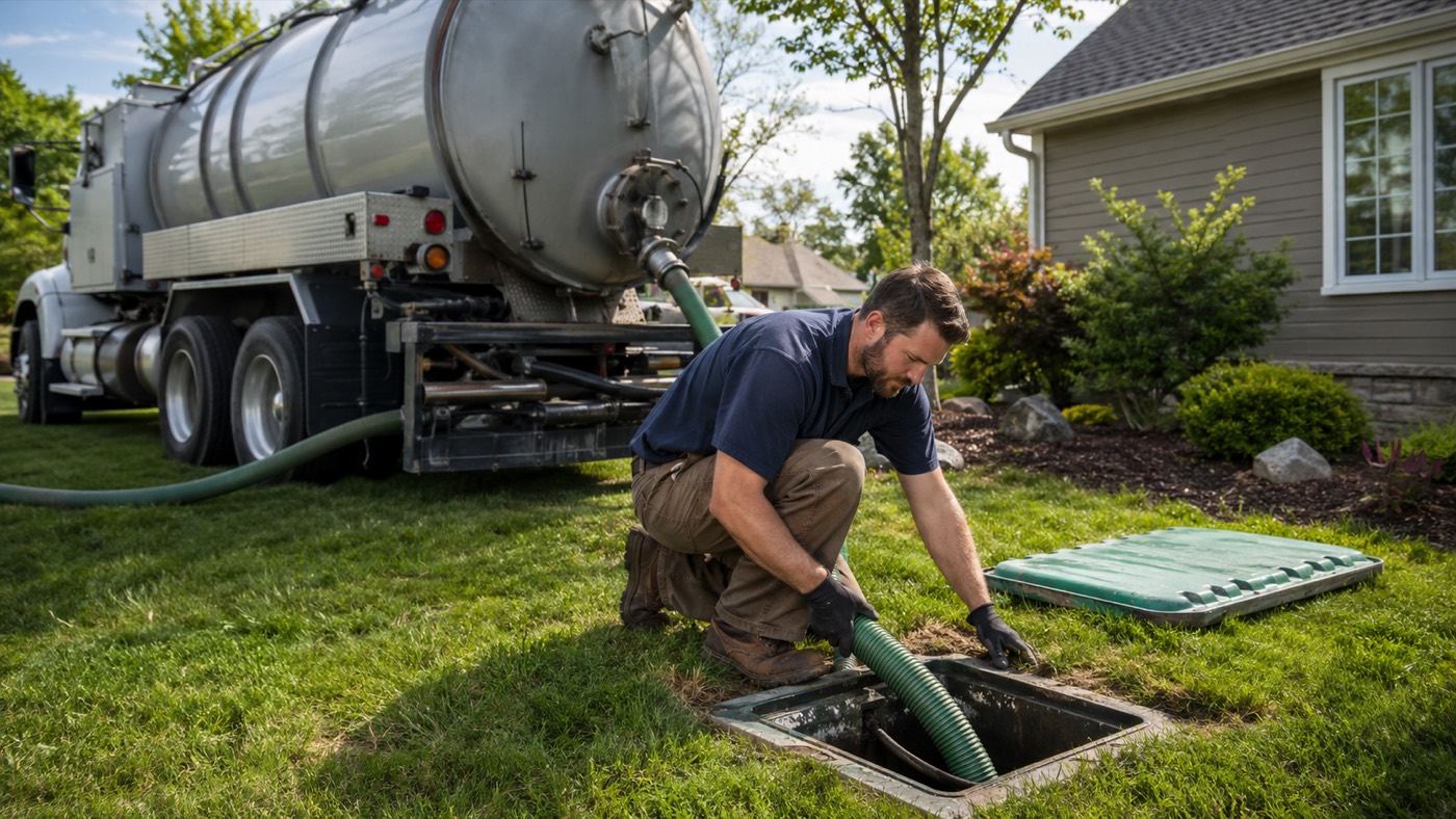 Septic technician performing a residential septic tank cleaning in a Des Moines suburban yard, with vacuum truck staged behind the open tank