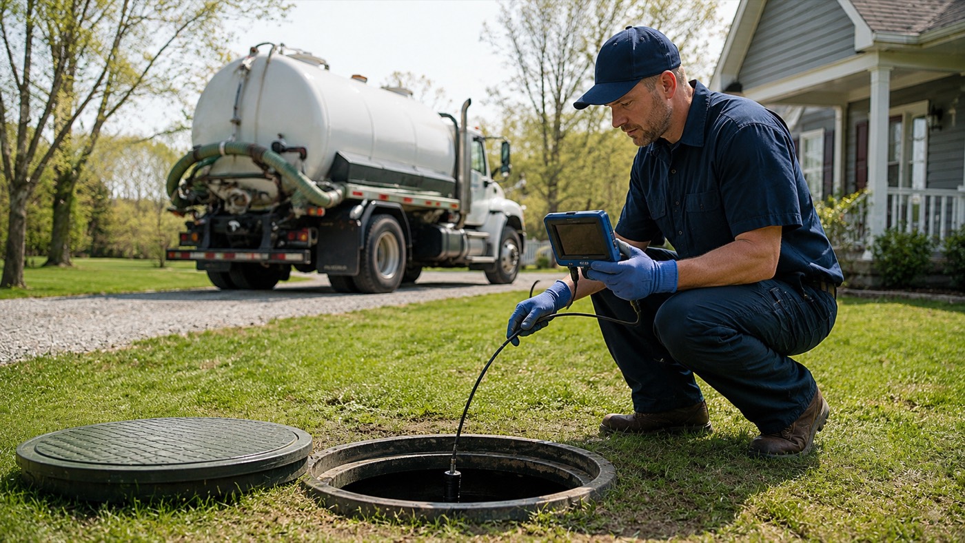 Iowa-certified inspector running a camera into a septic tank at a Norwalk, Iowa property