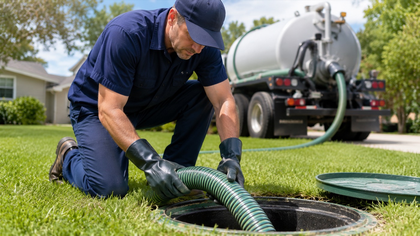 Local Des Moines septic technician kneeling beside an open septic tank, feeding a vacuum hose into the riser during a residential pumping service