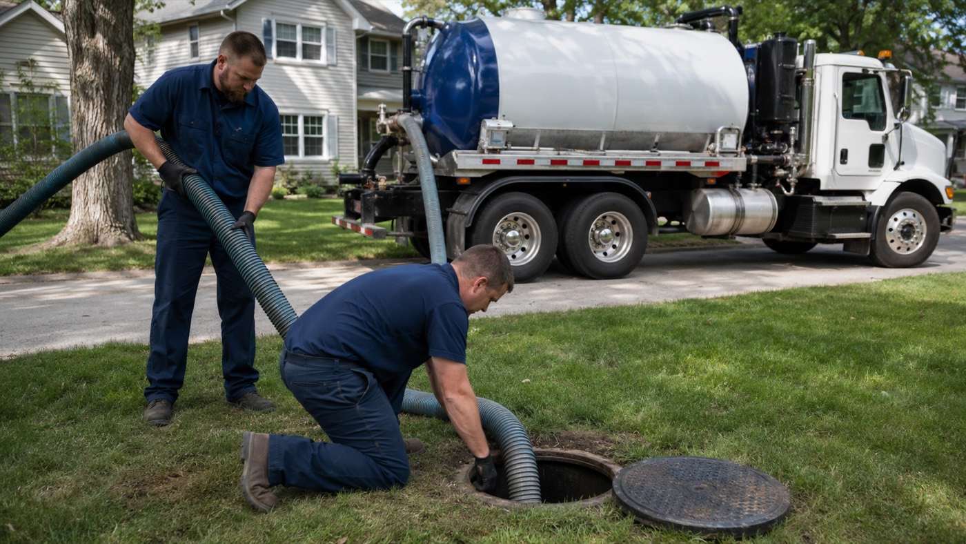 Septic technicians inspecting and repairing a residential septic tank in Waukee, Iowa