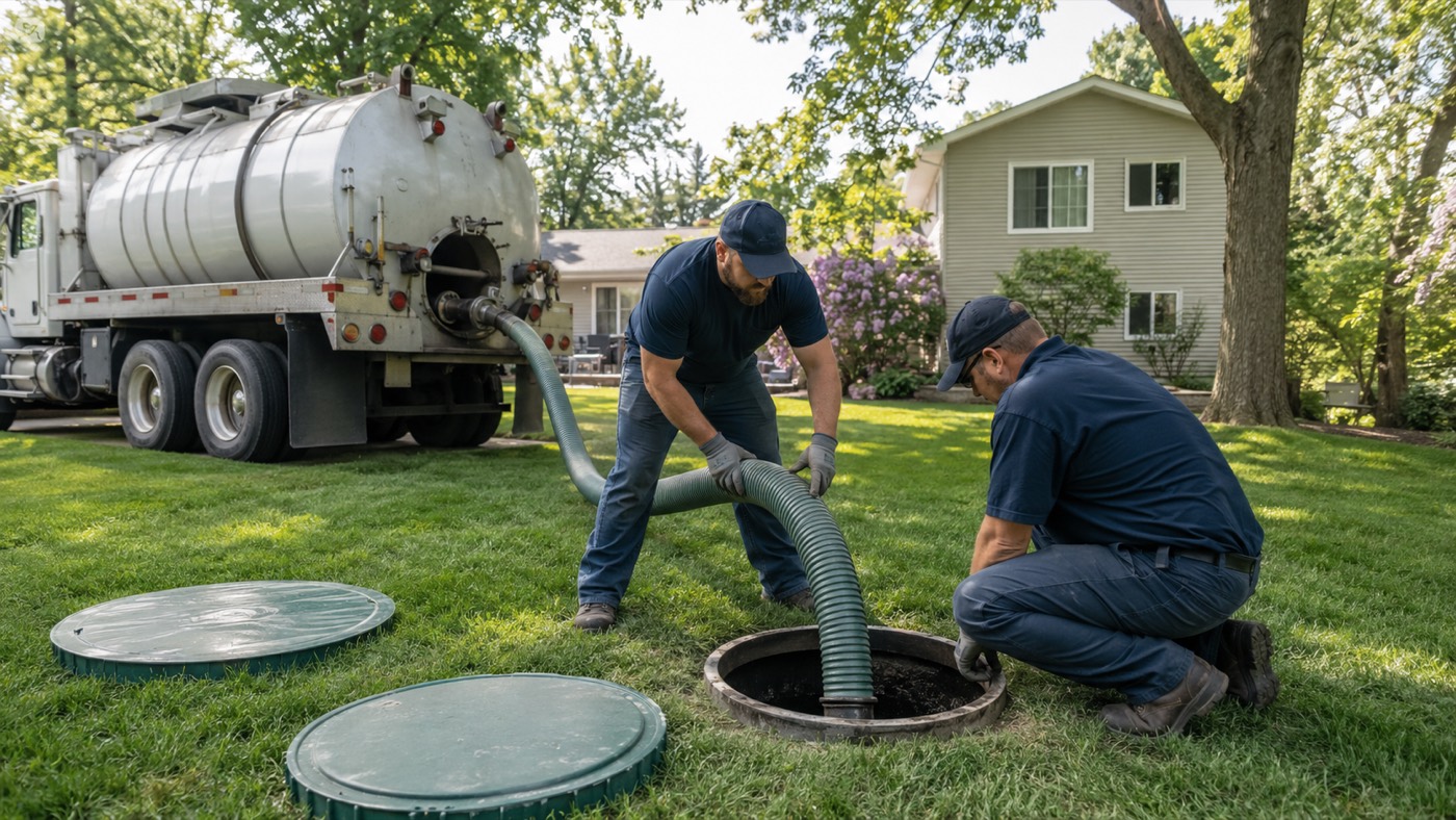 Two-person Des Moines septic crew performing a full septic tank cleaning with vacuum hose at an open tank